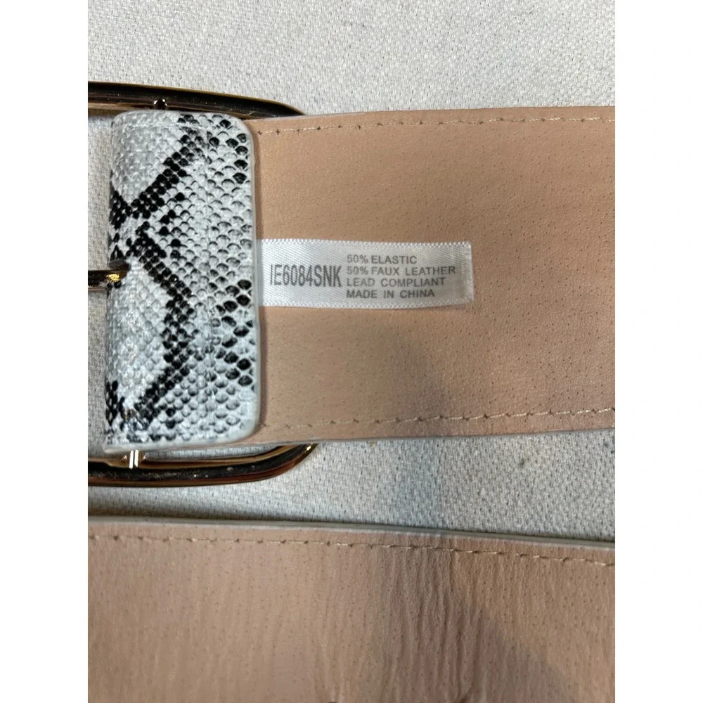 Women Snakeskin Print Wide Elastic Cinch Belt Gold Square Buckle IE6084SNK White
